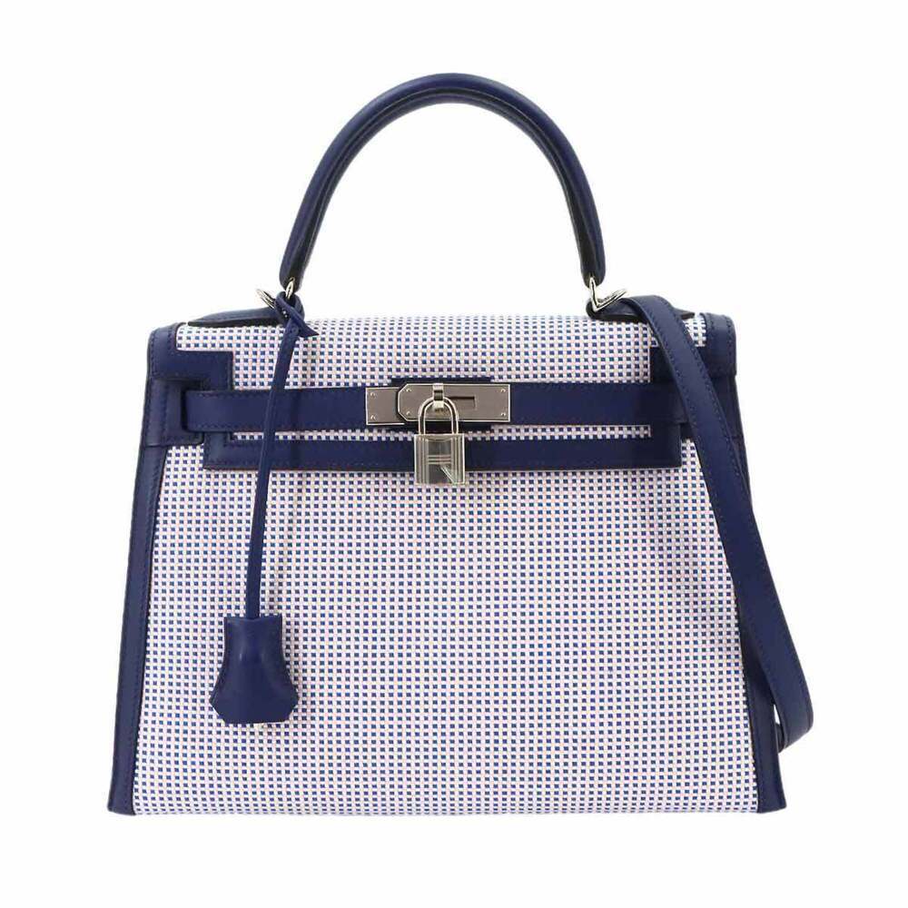 Hermes Kelly 28 Handbag, Toile Cadreille Swift Leather, Blue Saphir, Ecru, Ma...
